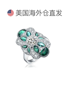 自营 GENEVIVE 纯银翡翠立方氧化锆花卉鸡尾酒戒指 - 绿色 美国奥