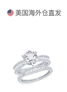 自营 simona 925 纯银六爪长方形 CZ 带订婚戒指套装 - 银白色 美