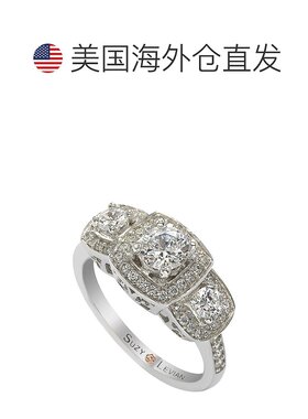 自营 Suzy Levian 纯银立方氧化锆白色三颗宝石光环订婚戒指 - 白
