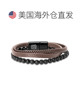自营Bruno Magli Mens Leather Bracelet With Lava Beads, Mahog