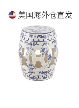 自营jonathan yLucky Coins 16 英寸中国陶瓷鼓花园凳，蓝色/白色