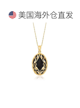 自营Ross-Simons 椭圆形黑色缟玛瑙和 14 克拉黄金吊坠项链 - 18