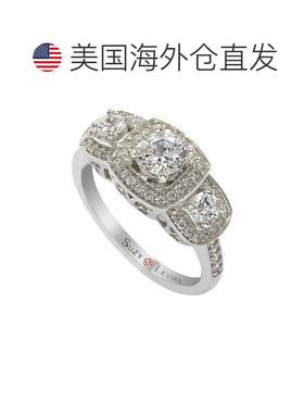 自营Suzy Levian 纯银立方氧化锆白色三颗宝石光环订婚戒指 - 白