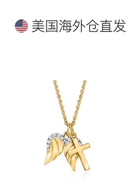 自营 Ross-Simons 14 克拉黄金十字架和天使之翼吊坠项链带钻石口