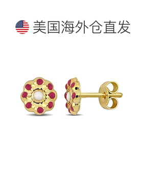 自营Mimi & Max 14k 金粉色和白色珐琅花卉耳钉 - 红色 美国奥莱