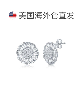 自营simona925 纯银微型密镶中心和长方形 CZ 边框花卉设计耳钉 -