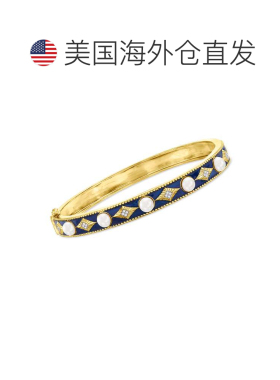 自营Ross-Simons 4.5-5 毫米养殖珍珠手镯，配以钻石装饰和蓝色珐