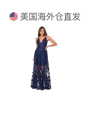自营Xscape Dress Women's Navy Floral Soutache Mesh V-Neck Pa