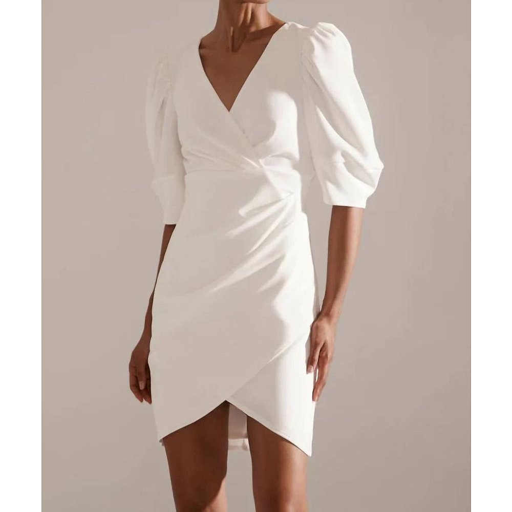 krisaCrepe Wrap Puff Sleeve Dress In Ivory - ivory 【美国奥 - 图2