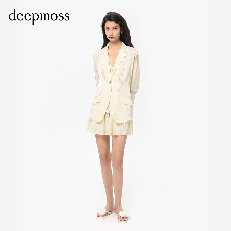 【deepmoss】春夏复古潮流女士海洋沙滩印花棉感水泽西装外套上衣 - 图1