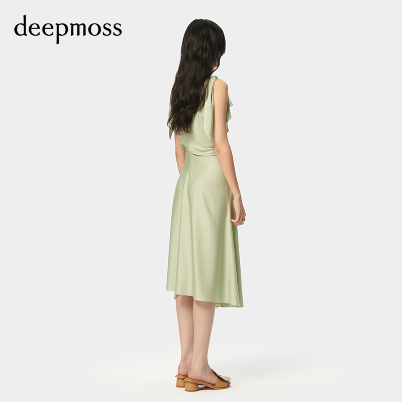 【deepmoss】2024春夏新款女装时尚优雅褶涧收腰花结无袖连衣裙 - 图2