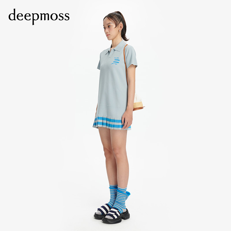 【deepmoss】时尚复古潮流运动少女裙A字女装条纹下摆连衣裙 - 图0
