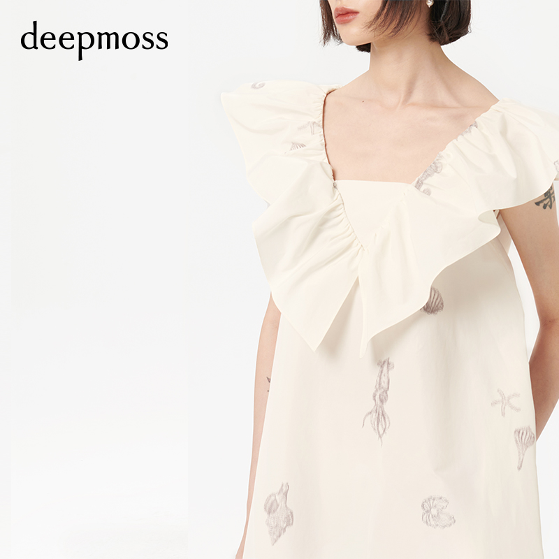 【deepmoss】潮流海洋印花V领小香风荷叶边A字连衣裙女士 - 图2