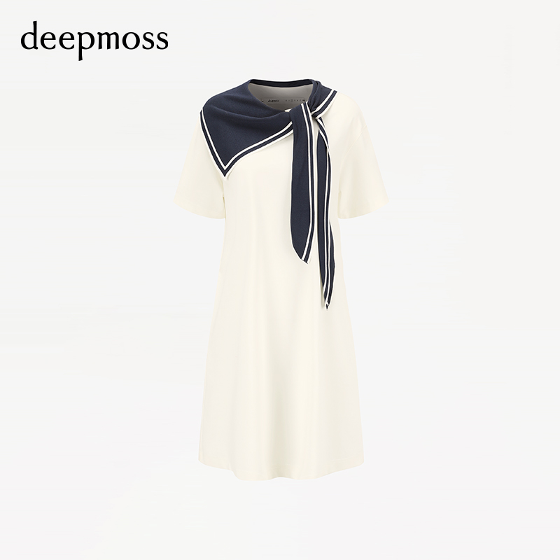 【deepmoss】 潮流时尚通勤百搭A字裙白色拼接海军领连衣裙女 - 图3