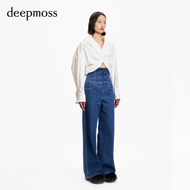 【deepmoss】新款潮流气质条纹休闲高腰翻边阔腿百搭牛仔裤女 - 图1