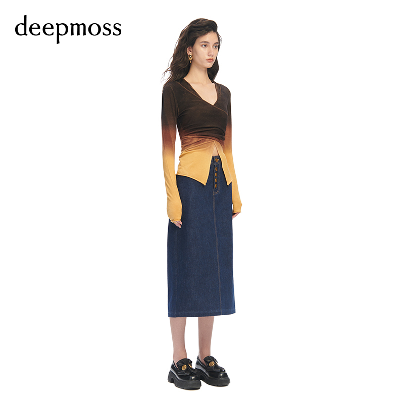 【deepmoss】春夏女装时尚复古潮流渐变交叠羊毛套头针织长袖上衣 - 图2