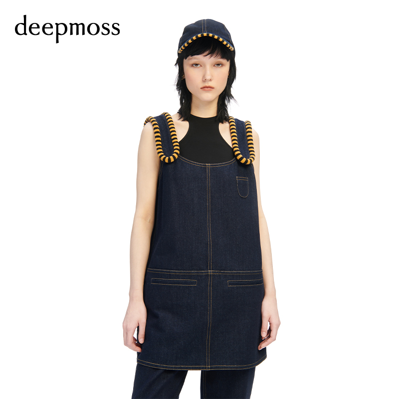 【deepmoss】春夏女秋装时尚复古潮流黑金条纹包边牛仔短款背带裙 - 图2