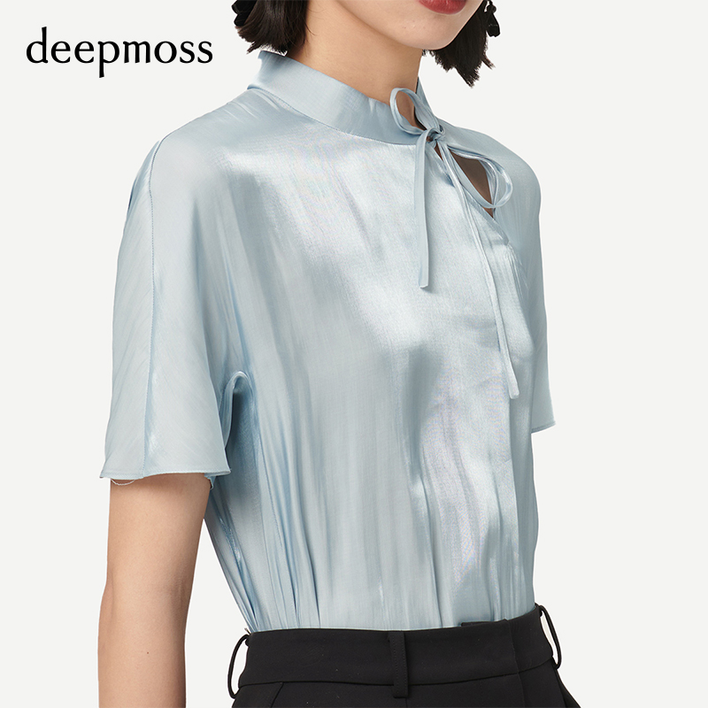 【deepmoss】新款潮流时尚旗袍领上衣中式立领短袖通勤衬衫女 - 图3