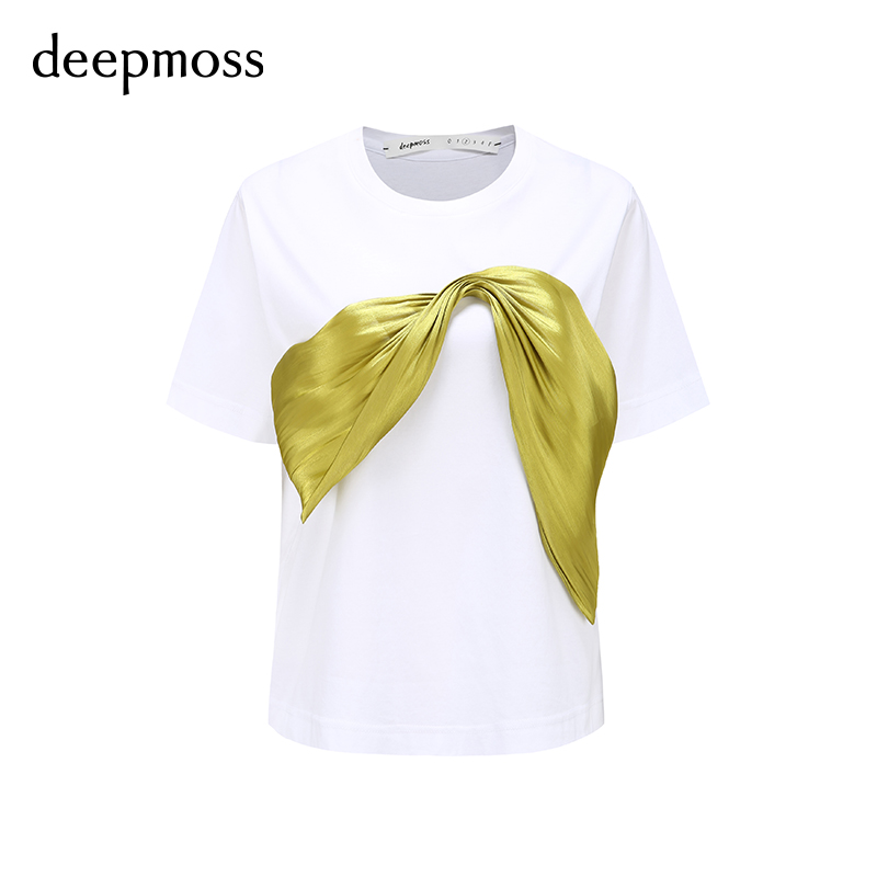 【deepmoss】 潮流百搭上衣女士休闲修身收腰圆领飘带短袖T恤 - 图3