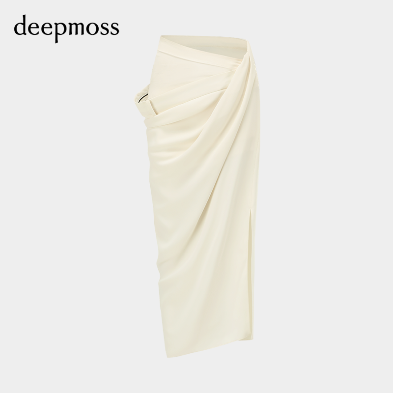 【deepmoss】2024春夏新款女装时尚优雅斜襟垂褶裹身显瘦半身裙 - 图3
