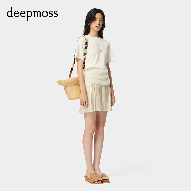 【deepmoss】2024春夏新款女装时尚休闲气质网纱拼接荡褶短袖T恤 - 图1