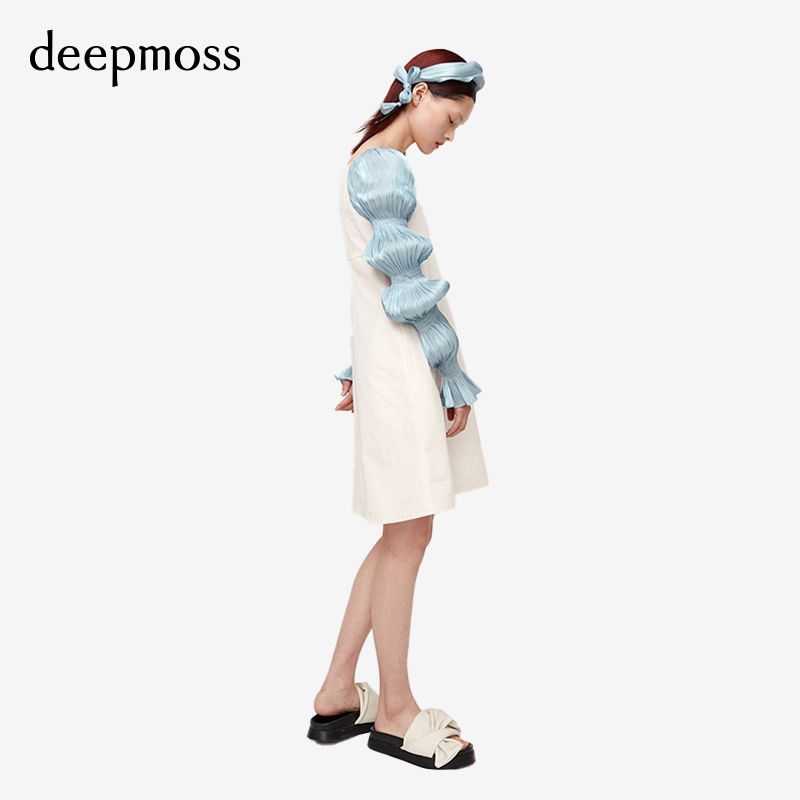 【deepmoss】水泽袖泡泡袖法式方领连衣裙直筒收腰修身女 - 图2