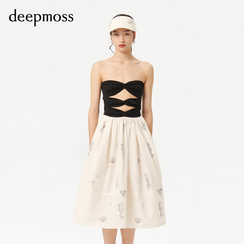 【deepmoss】拼接海洋印花A字裙交叉镂空小香风抹胸裙连衣裙 - 图0