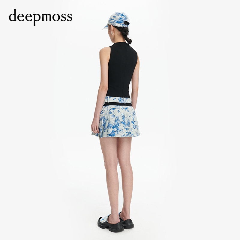 【deepmoss】女经典复古潮流简约海洋舞会提花无袖A字连衣裙 - 图1