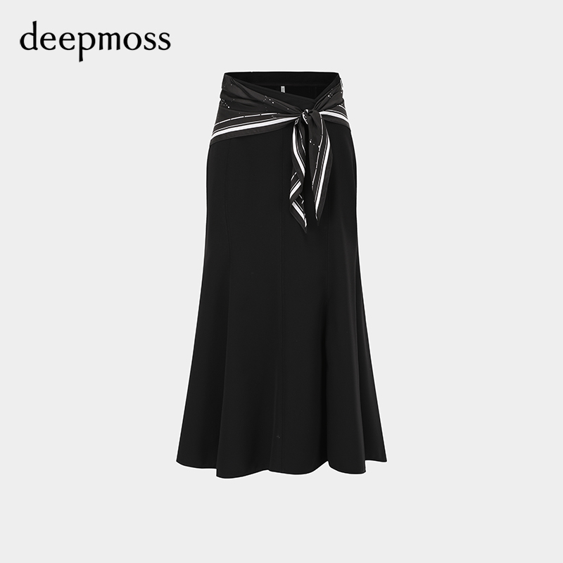 【deepmoss】2024春夏新款女装时尚光晕丝巾拼接收腰鱼尾半身裙 - 图3