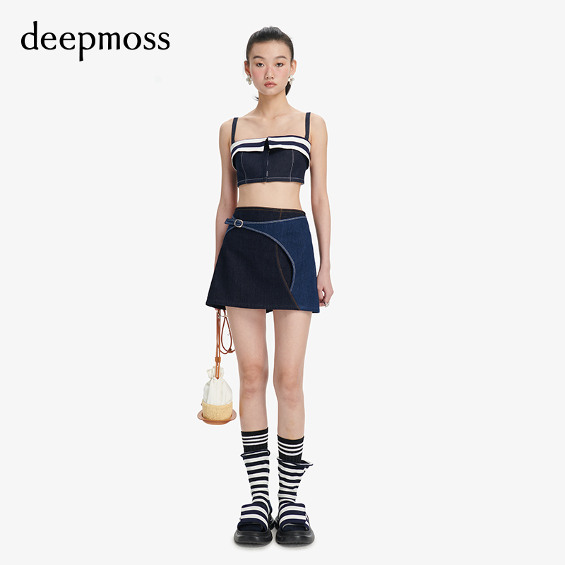 【deepmoss】女士时尚复古潮流百搭A字船帆A字牛仔短裙半身裙 - 图0