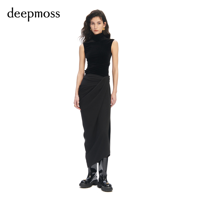 【deepmoss】春夏女装时尚复古潮流设计感雾黑斜襟垂褶裹身半身裙 - 图1