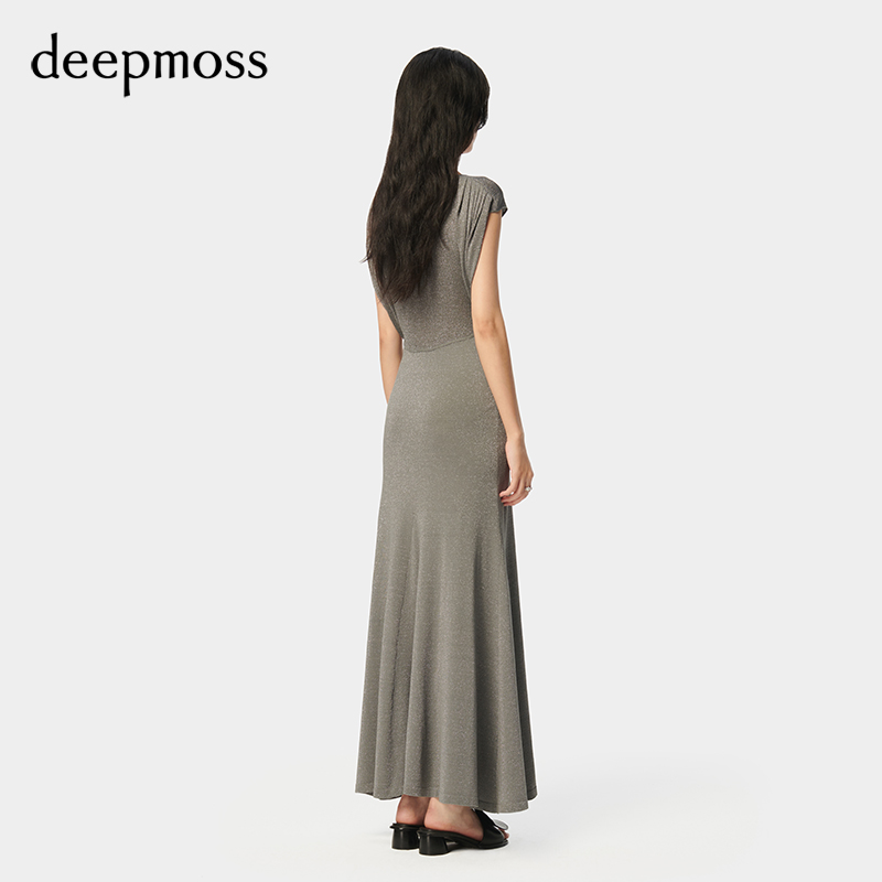 【deepmoss】2024春夏新款女装时尚水泽精致亮丝垂荡无袖连衣长裙 - 图2