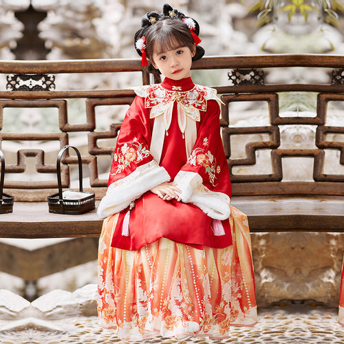 拜年服女童汉服2024新款加绒明制童装女宝云肩儿童唐装小女孩冬款 - 图0