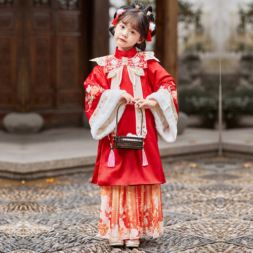 拜年服女童汉服2024新款加绒明制童装女宝云肩儿童唐装小女孩冬款 - 图2