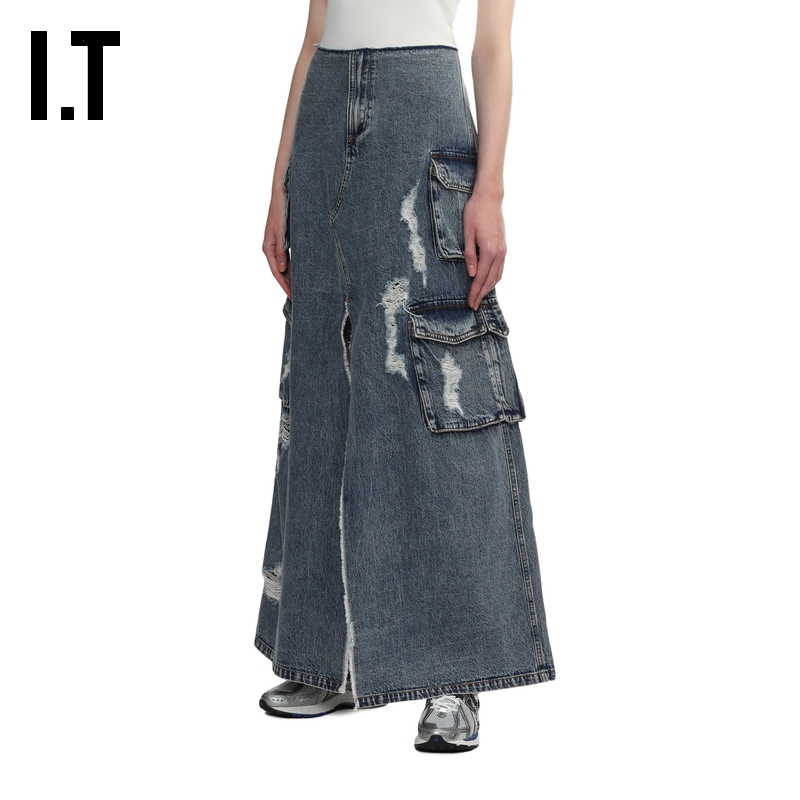 IT GROUNDZERO女装牛仔半身裙新款街潮工装风磨损开叉长裙007080 - 图1
