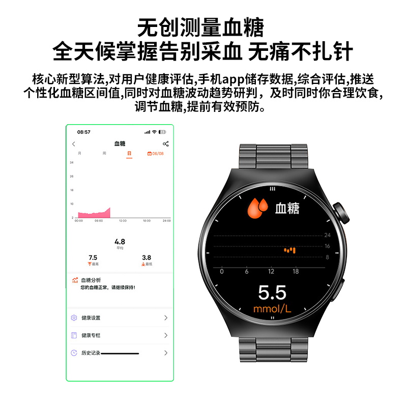 【官方正品】测血糖血压风险评估尿酸血脂智能手表高精度心率血氧动态检测远程关爱老人三高健康通话运动手环 - 图1
