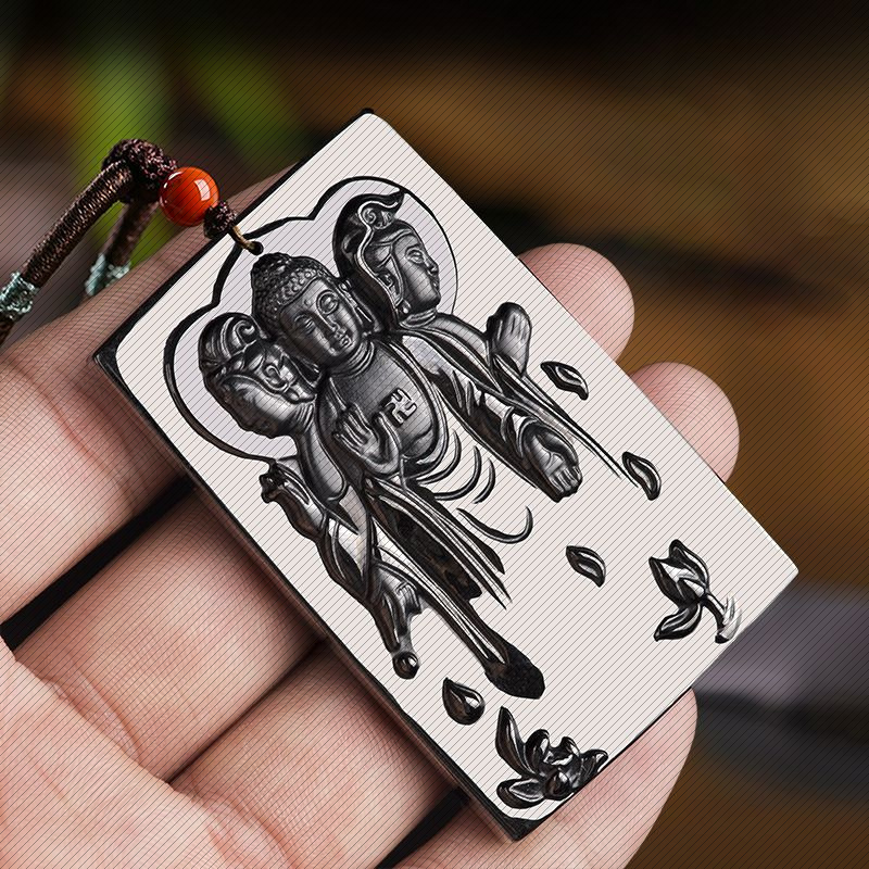 天然a货翡翠墨玉西方三圣佛吊坠墨翠冰种玉石挂件四会玉器批发 - 图1