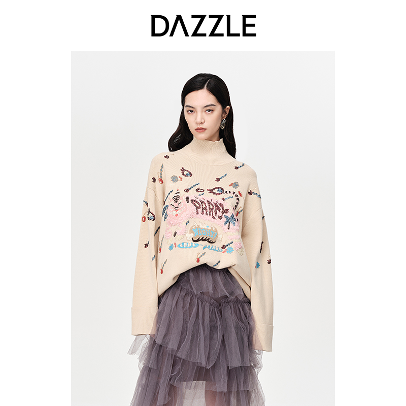 DAZZLE地素 奥莱春季虎年生肖绣珠片高领毛衣针织衫女