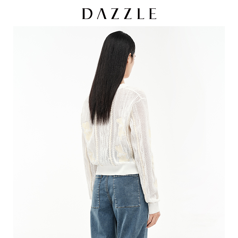 DAZZLE地素奥莱白色镂空提花针织外套开衫女2D3E5211B-图2