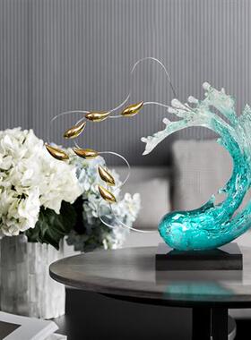 现代轻奢透明树脂雕塑浪花摆件酒店样板房家居客厅玄关装饰工艺品