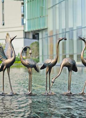 户外仙鹤雕塑水池玻璃钢庭院园林仿铜装饰抽象中式丹顶鹤景观摆件