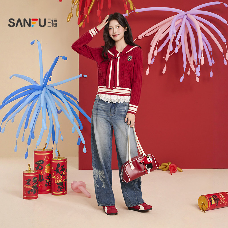 三福牛仔裤2026春季蝴蝶结印花复古洗水弯刀裤裤子女装517549,淘宝优惠券,粉丝福利购,淘宝优惠卷