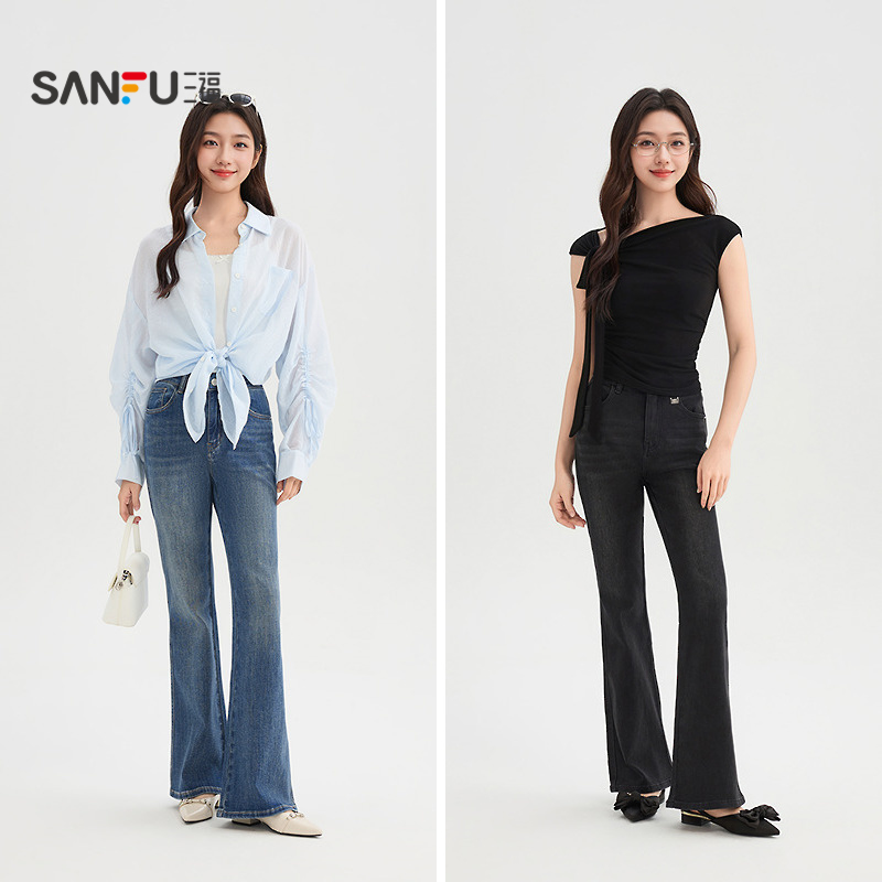 三福牛仔长裤2025秋季金属标装饰复古喇叭裤裤子女装504324 - 图3