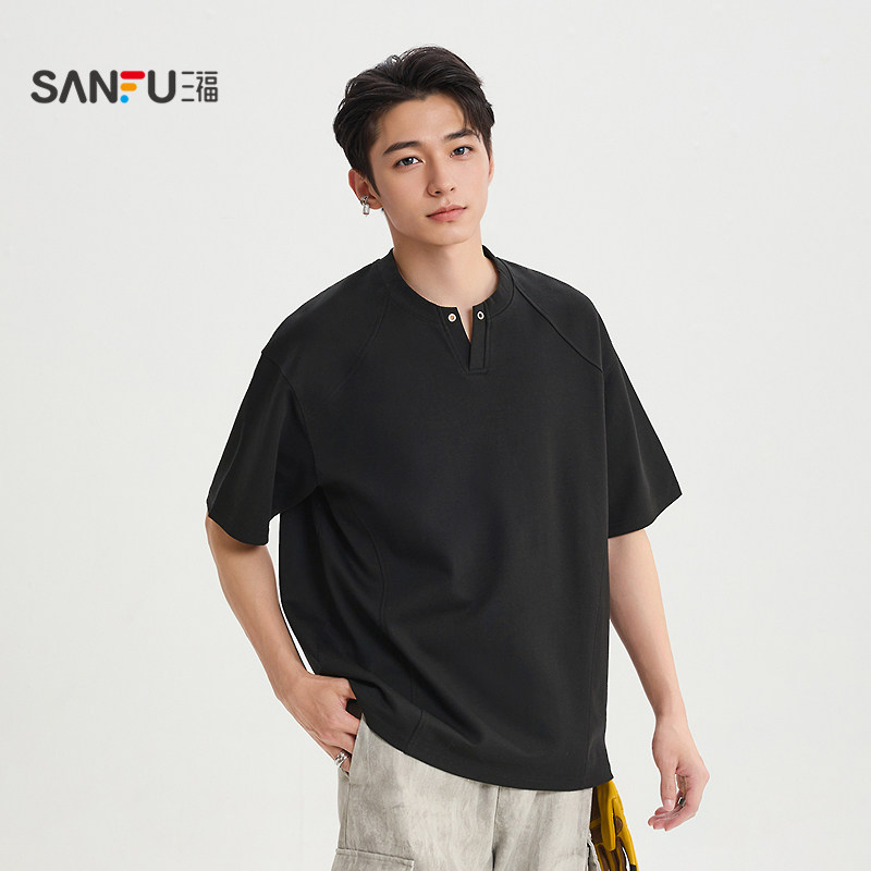 三福2026夏季男士分割钉扣V领重磅短T恤 街潮纯色上衣520829,淘宝优惠券,粉丝福利购,淘宝优惠卷