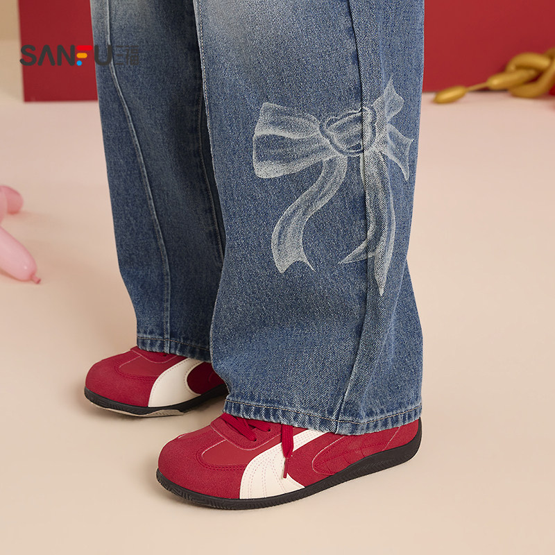 三福牛仔裤2026春季蝴蝶结印花复古洗水弯刀裤裤子女装517549,淘宝优惠券,粉丝福利购,淘宝优惠卷