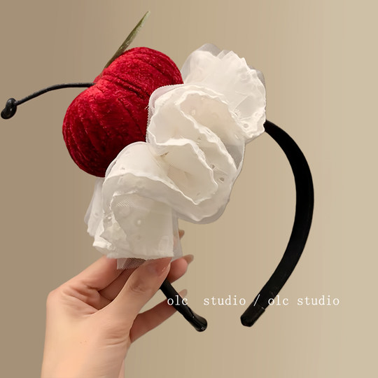 可爱苹果小蛋糕蕾丝发夹发箍女氛围感圣诞头饰生日拍照旅行发卡