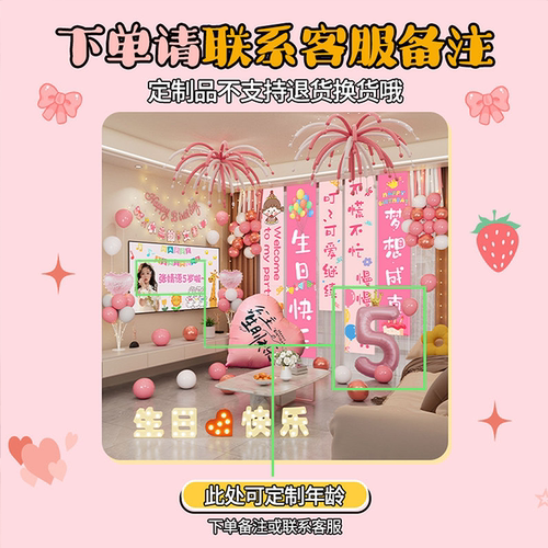 生日快乐仪式感小女孩5岁布置儿童派对在家场景装饰氛围气球挂布 - 图0