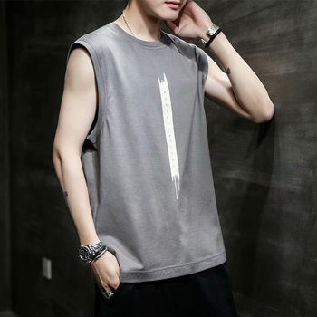 ເສື້ອຍືດແຂນຍາວ waistcoat round neck sweat vest men's summer slim sports casual wide shoulder vest fitness trendy men's clothes