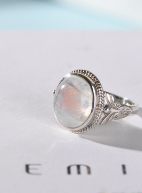 金鹿王银蓝月光石戒指女款简约