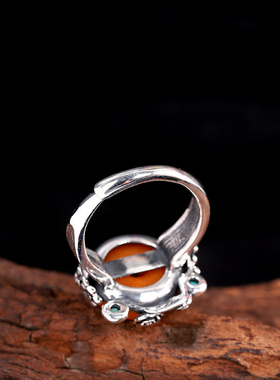 泰银仿古s925开口蜜蜡戒